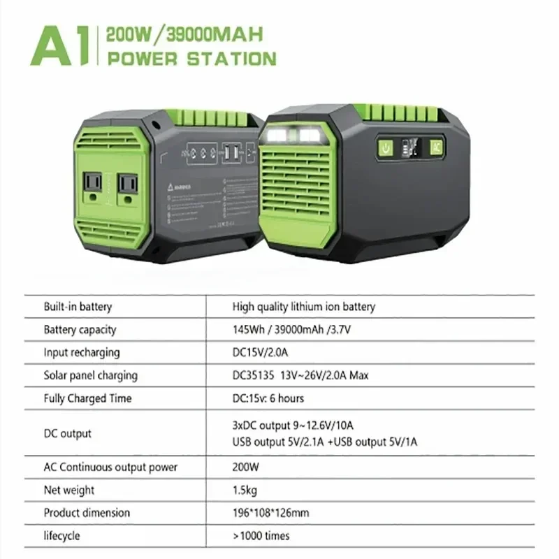 200W Portable Power Station Lifepo4 Battery 220V for Camping UPS 145Wh Outdoor Emergency Pure Sine Wave Solar Generator 39000mAh