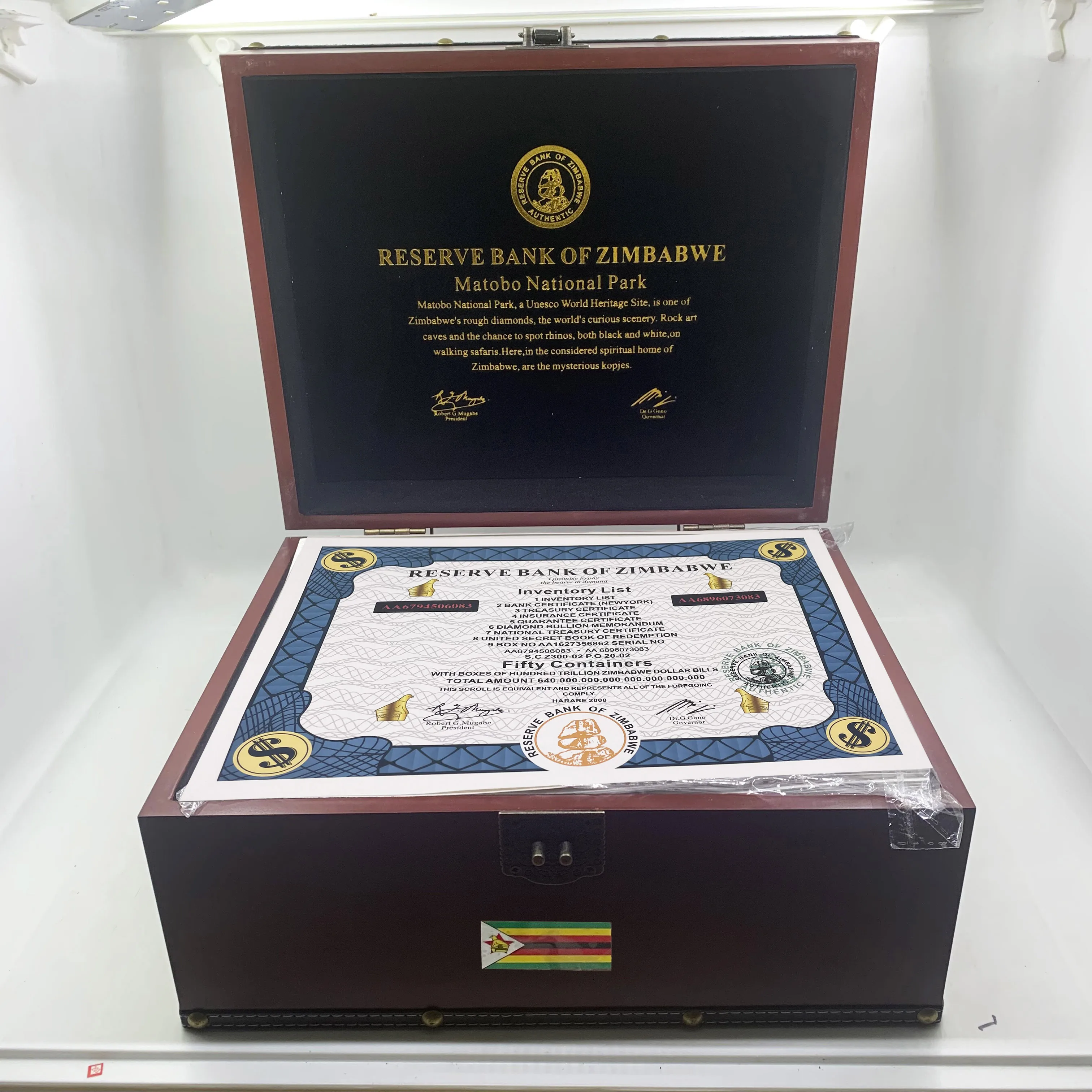 

400pcs/Box Zimbabwe fifty containers certificate Zimbabwe Matobo National Park big Certificates with beautiful wooden box