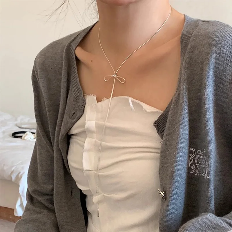 Foxanry Bowknot Geometric Long Tassel Necklaces For Women Girls Trendy Sweet Elegant Cute Sweater Chain Anniversary Jewelry Gift