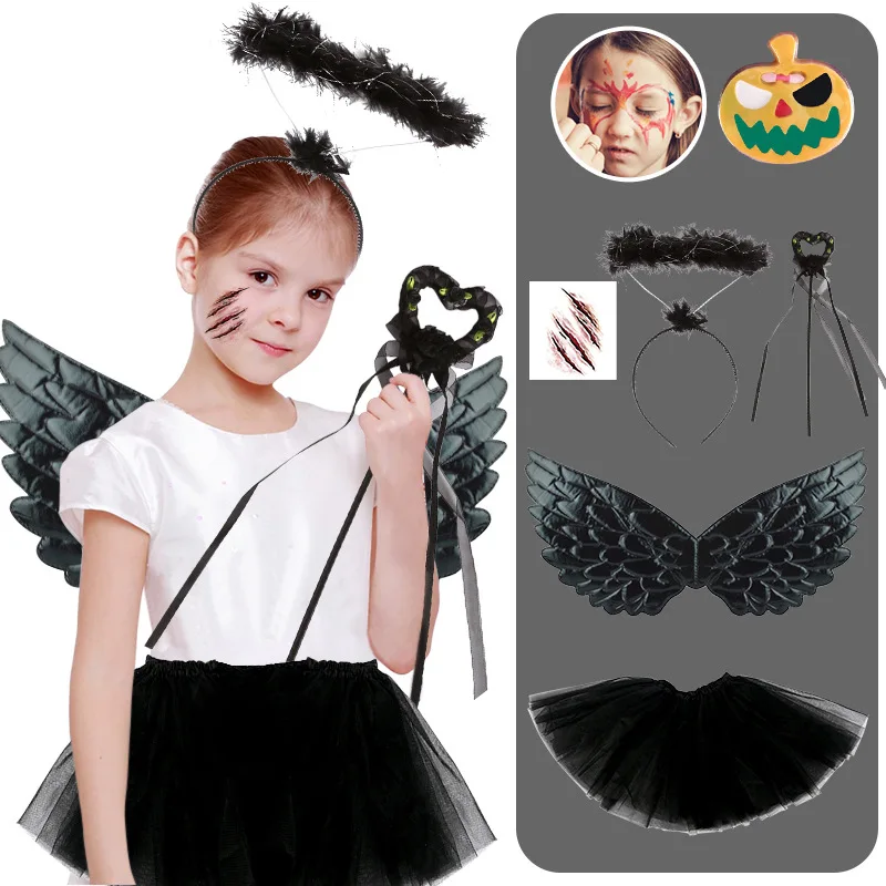 

2024 Fallen Angel Costume for Girls, Black Dark Angel Wings and Halo Set Tutu Skirt for Kids Age 3-12 Halloween Cosplay Dress