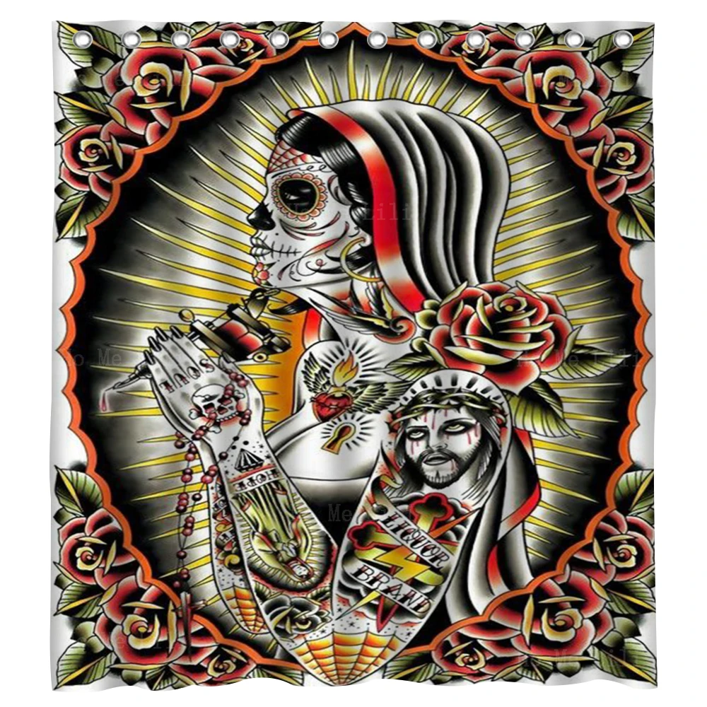 New Mexicanism Sleeve Tattoos Skull Hindu Mythology Snake American Traditional Shower Curtain By Ho Me Lili Bathroom Decor