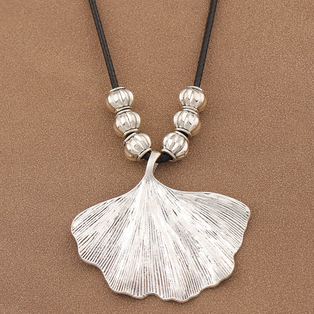 1pc Ginkgo Biloba Leaf Silver Plating Pendant Beaded Necklace Vintage Sweater Long Chain Jewelry  Suspension Decoration