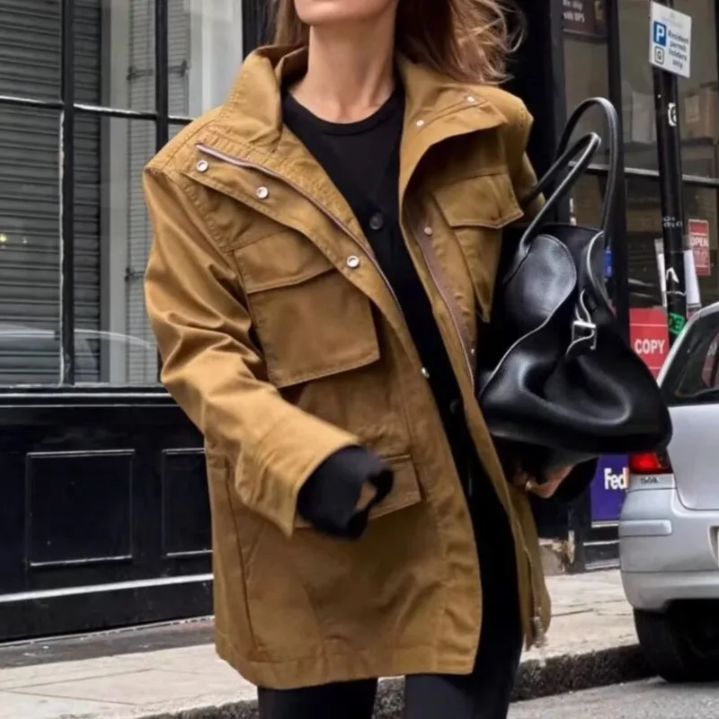 

2025 Autumn Women's Casual Multi-Pocket Turtleneck Cargo Jacket Mid-Length Trench Coat Style Warm Windproof Commute Outerwear