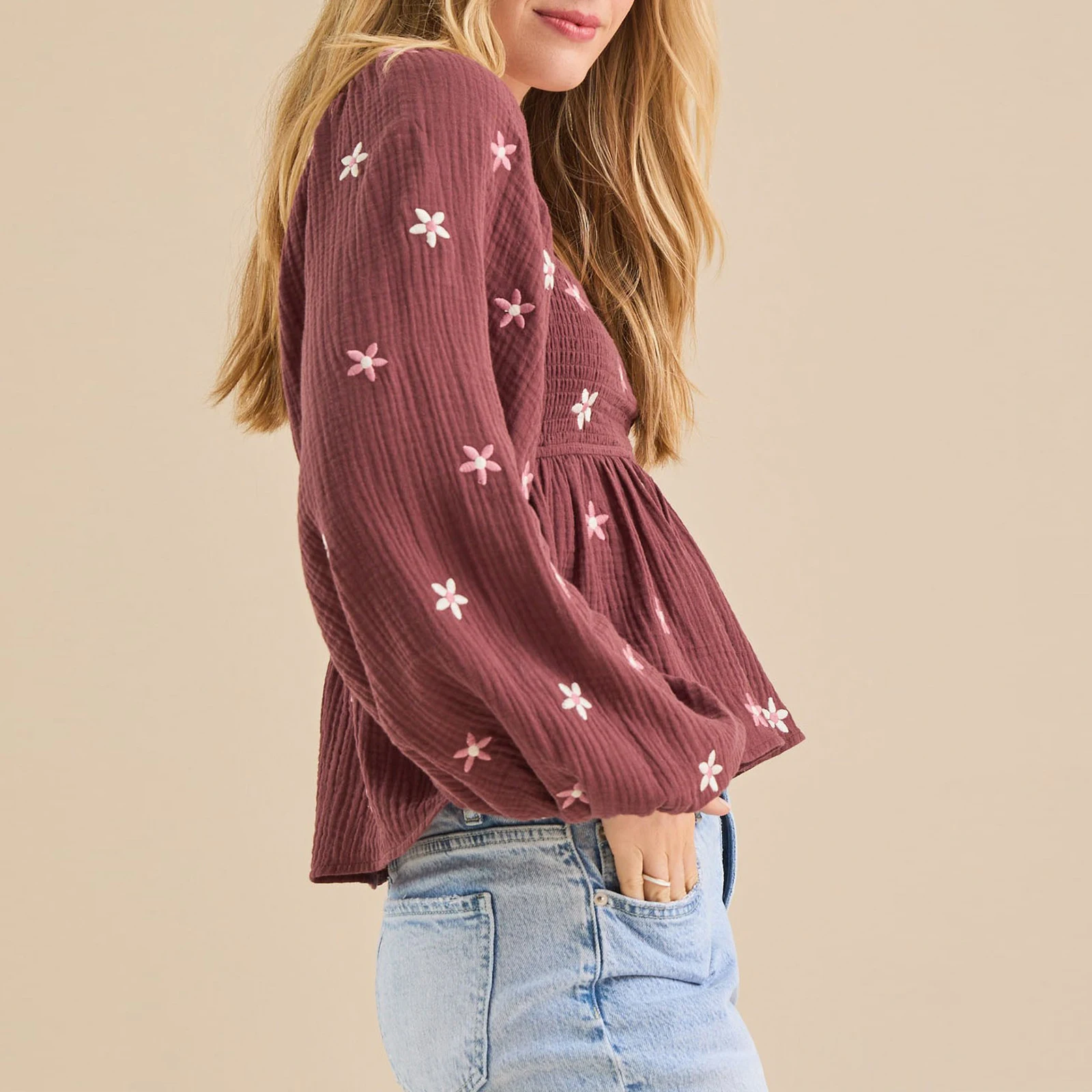Embroidered Babydoll Peplum Tops for Women Puff Sleeve Square Neck Floral Print Ruffle Hem Smocked Y2k Shirts