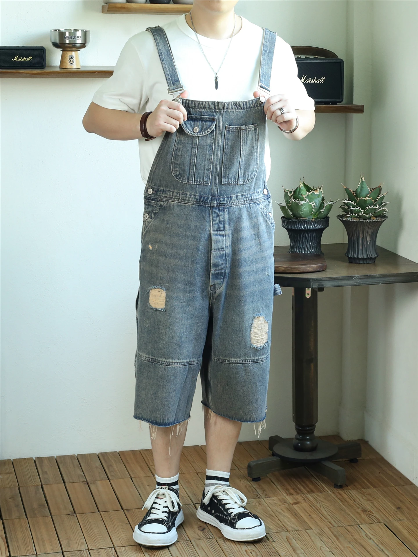 

Trendy Loose Wide Leg Denim orts with Rips ex Summer Casual Breathable Comfortable Jeans Overalls Seven-Five Pants