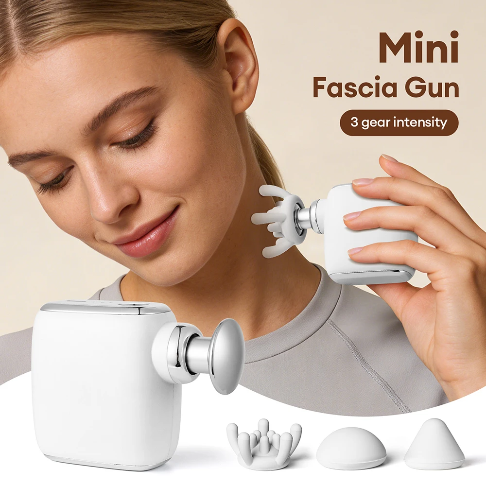 Mini-Faszienpistole mit professionellen Massageköpfen, 3-stufige Intensitätsanpassung, tragbarer Muskelentspanner für Fitness, Zuhause und Reisen