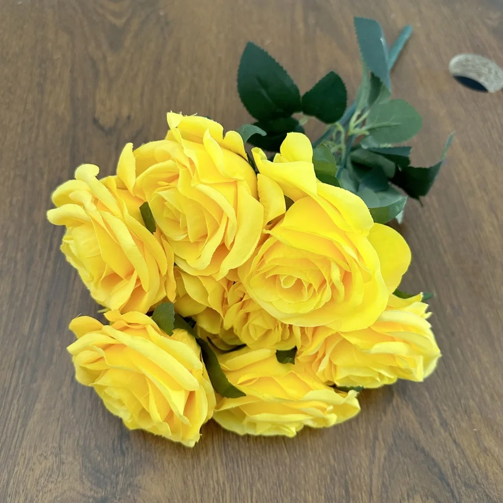 9 Köpfe Seidenrosen Blumenstrauß Künstliche Blume Orange Gelb Brautrose Gefälschte Rose Wohnzimmerdekoration Hochzeit Valentinstag – Detail 9