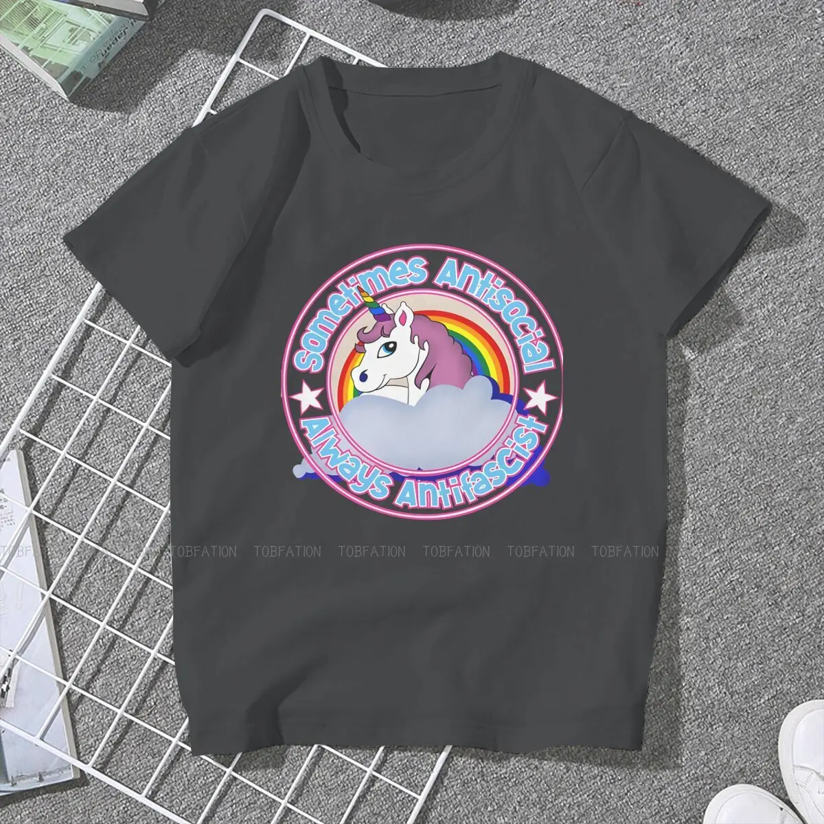 Sometimes Antisocial Always Antifascist Newest TShirts Cute Unicorn Cartoon Woman Harajuku Pure Cotton Tops T Shirt O Neck