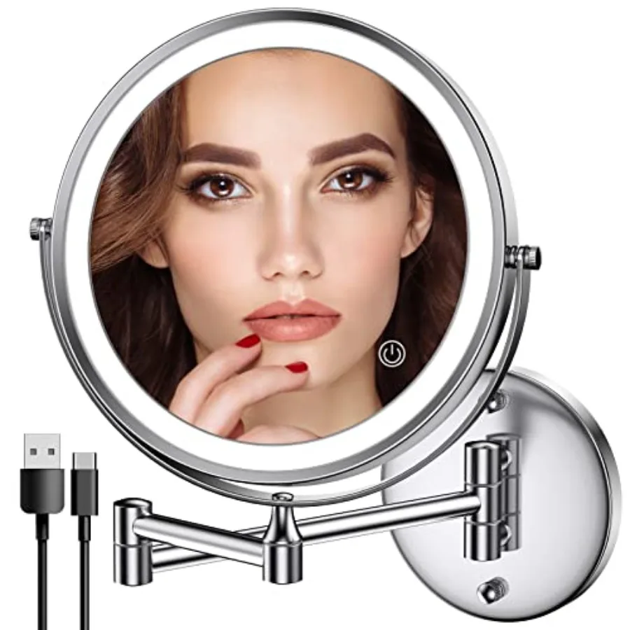 

Rechargeable Wall Mounted Lighted Makeup Mirror, Double-Sided LED Vanity Mirror 1X/10X Magnification, 3 Color Lights Touch Scre