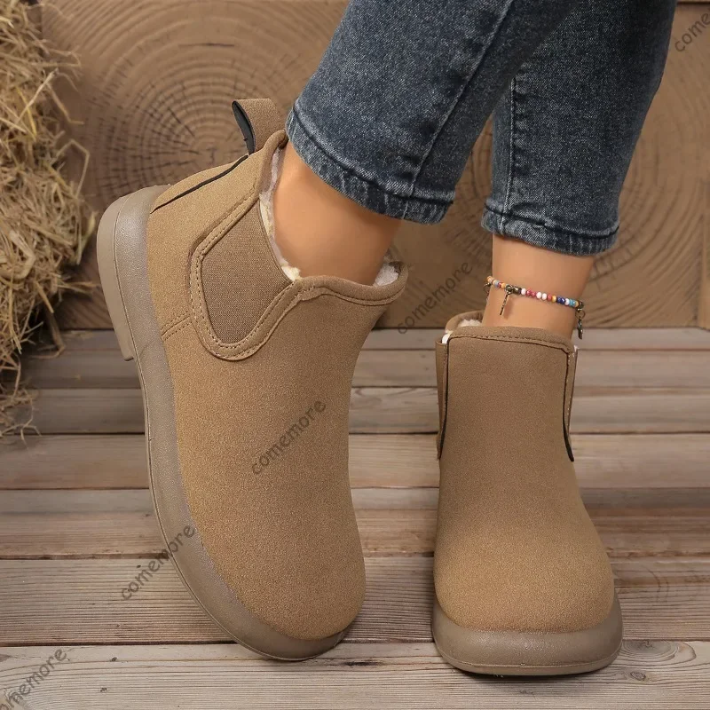 Comemore Women's Winter Boots New Flat Bottom Casual Warm Cotton Ankle Boots Shoes  Plush Solid Slip on Short Botines for Women