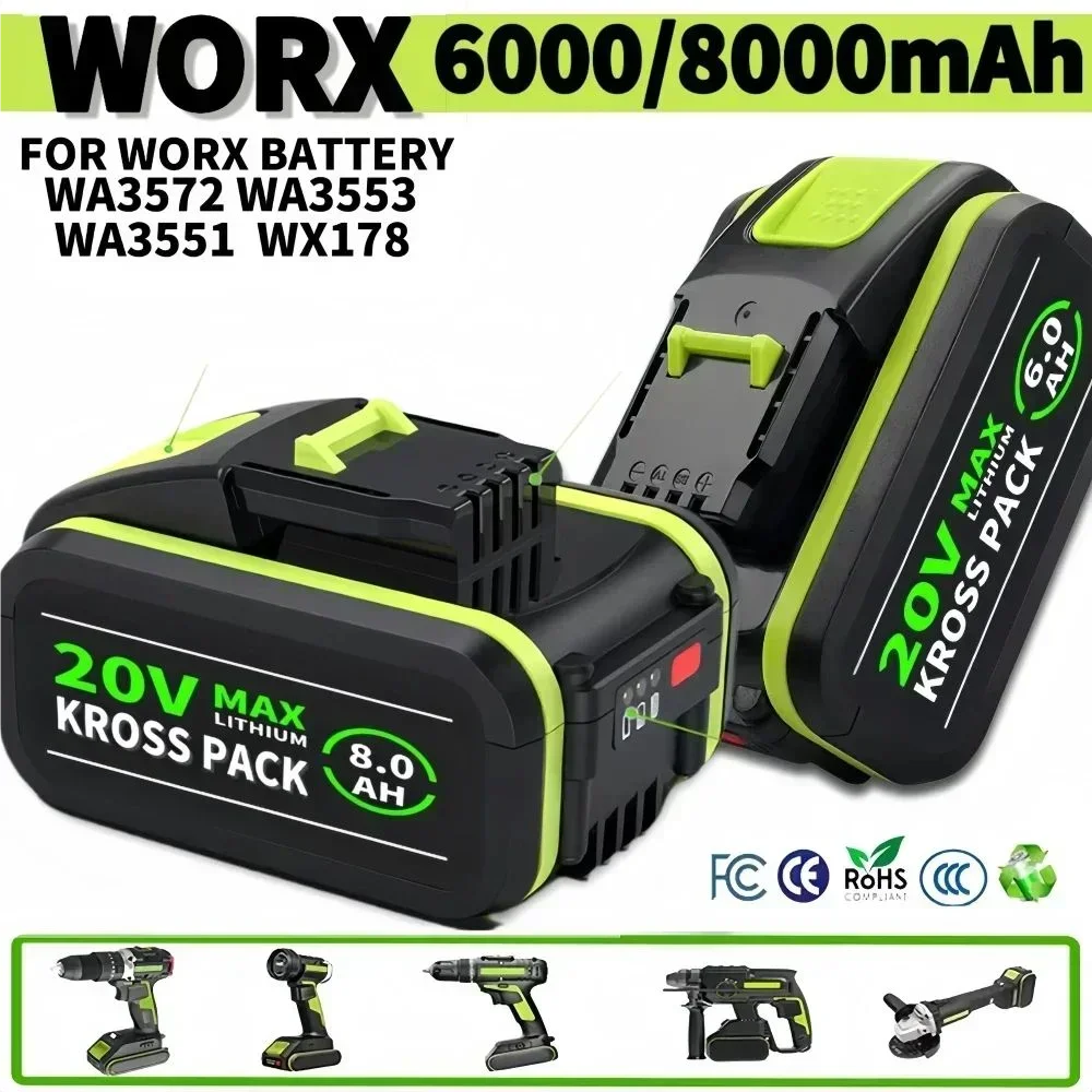 

20V 6.0Ah/8.0Ah rechargeable battery tool for large capacity lithium-ion batteries WORX WA3551.1 WA3553 WA3641 WX373 WX390