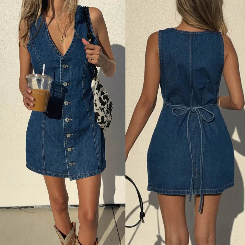 

Summer style denim dress for women with button placket, tie belt at the back waist, retro and fashionable