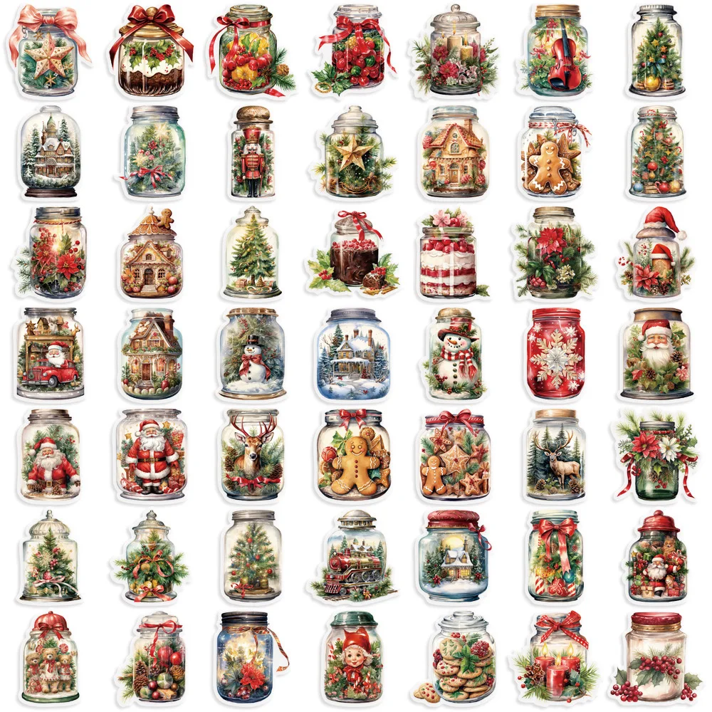 10/50pcs Vintage Christmas Bottle Santa Claus Stickers Aesthetic Waterproof Transparent PET Gift Decorative Guitar Sticker Toy