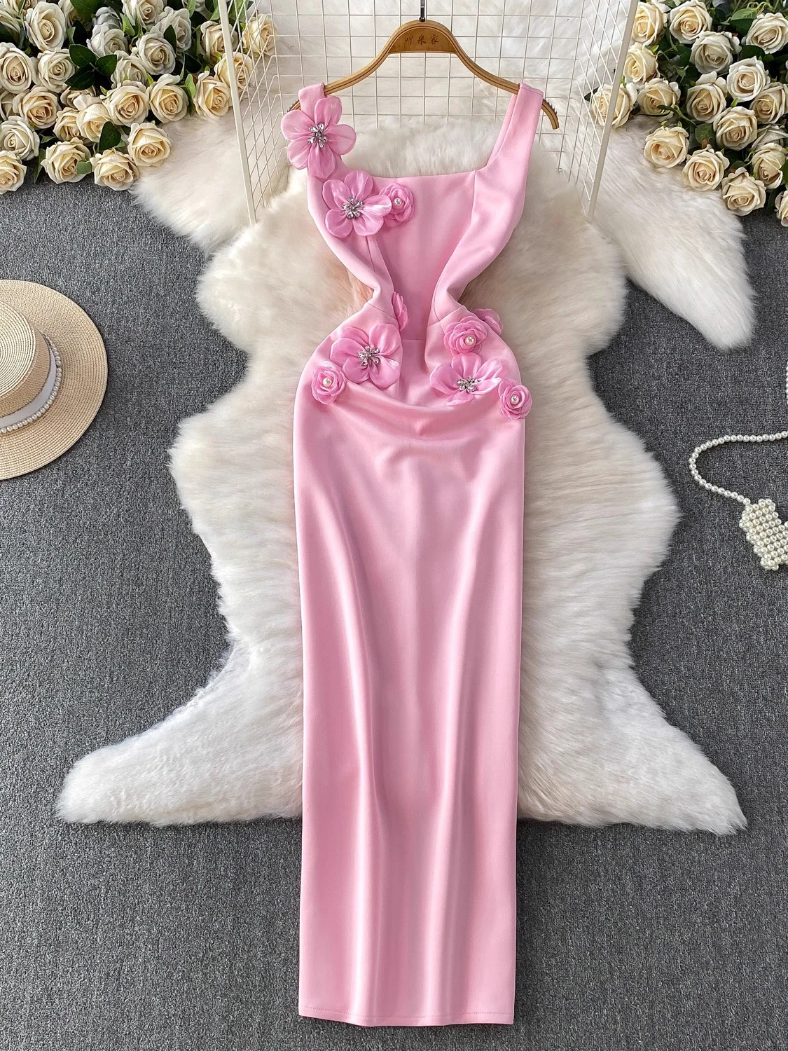 Abito da festa con perline da donna primavera estate elegante colletto quadrato fiore 3D vita alta maxi abiti femminili abito rosso/rosa/bianco