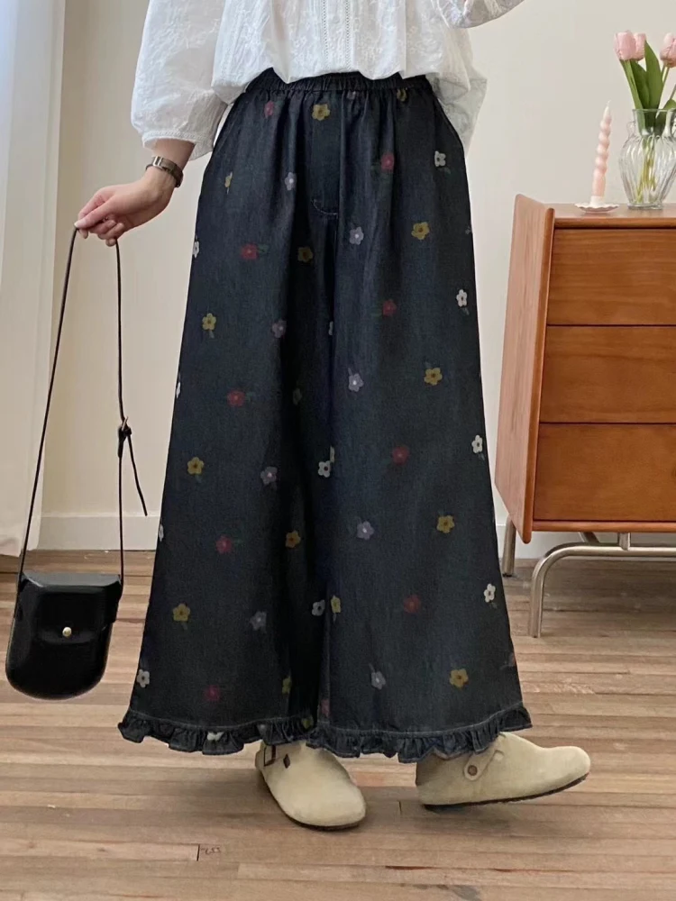 

Summer Floral Print Wide Leg Jeans Women's Artistic Casual High Waist Long Straight Tube Pants Thin Wear Resistant