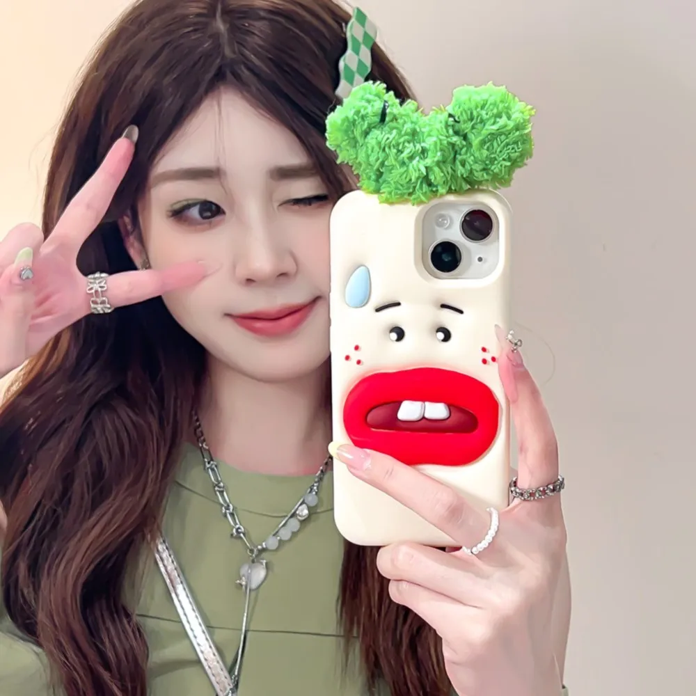 For iphone 16 Pro Max 15 14 13 12 Pro Max Stereoscopic Cartoon Buck Teeth Green Hair Phone Case Y2k Novel Soft Silicone Cover