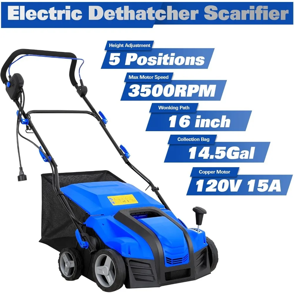 16 Inch Dethatcher Scarifier Electric Powered 15 Amp Copper Motor 5-Position Depth Adjustment