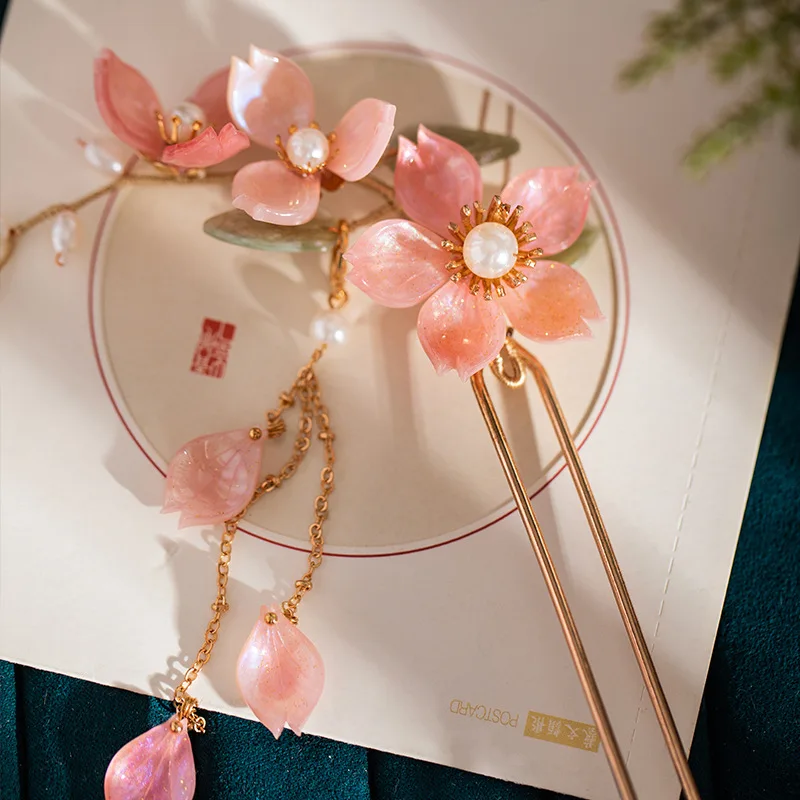 

Pink Flower Hair Clips Elegant U Shaped Hair Sticks Forks Pearls Headpieces Fringe Jewelry Retro Chinese Style Hair Accessories