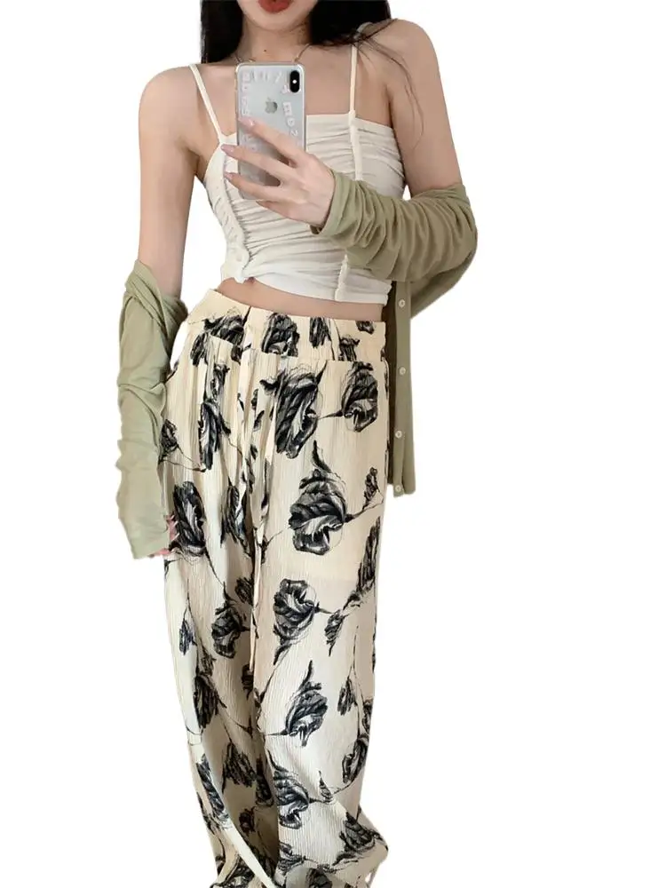 

2024 New Summer Women Chiffon Rose Pleated Wide Leg Pants Drawstring Pants Korean Loose High Waist Straight Pant Plus Size