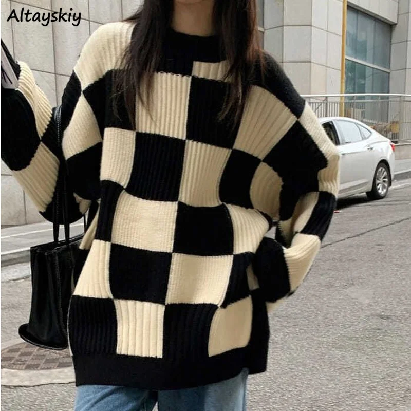 

Plaid Pullovers Women Retro All-match Panelled O-neck Loose-fit Jumpers Japanese Style Soft Lazy Knitted Sweaters Mujer Stylish