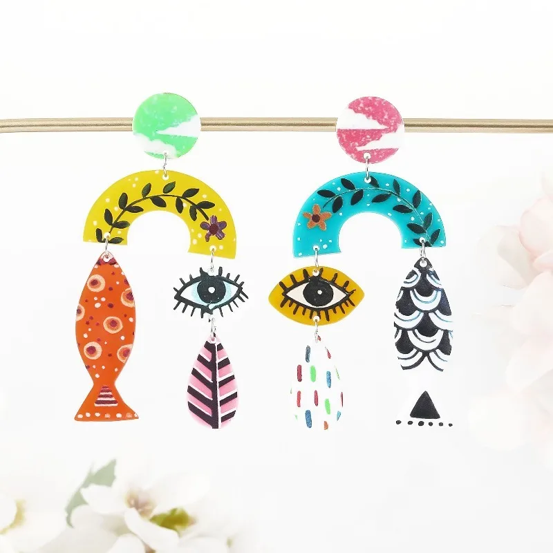 Colorful Asymmetrical Hand-Painted Dangle Earrings Abstract Fish And Eye Acrylic Drop Fun Graffiti Jewelry Gift For Women