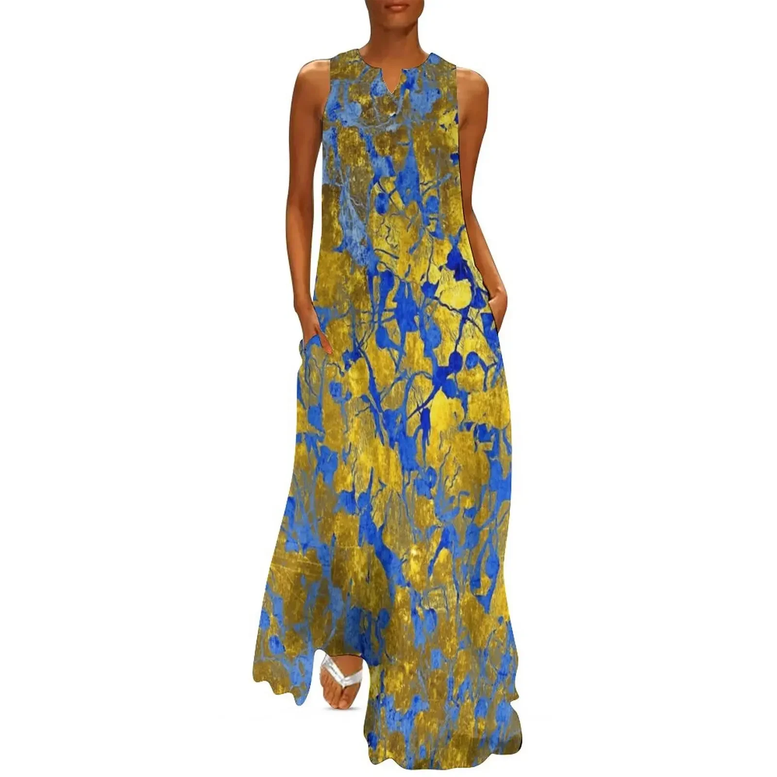 

Blue Splash on Gold Long Dress women's evening dresses dress korean style Party dresses for women Long veiled dresses Dress