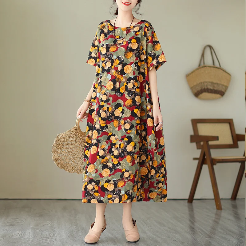 

#6648 Summer Vintage Dot Printed Dress Women Short Sleeve Loose Thin Side Pockets Retro Midi Dress Female A-line Cotton Linen