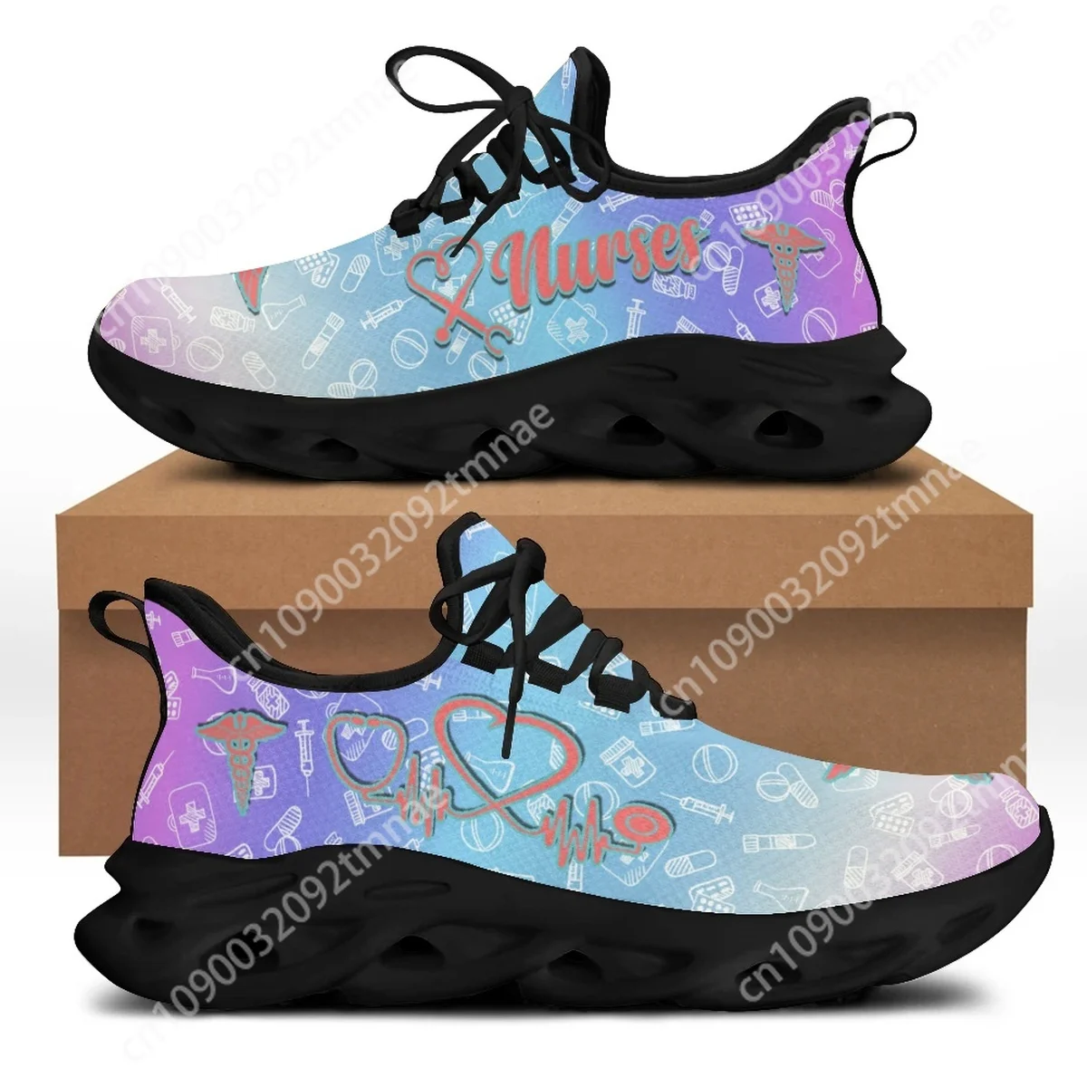 Custom Medical  Shoes Women's Flats Cartoon Nurse Print Breath Mesh Comfort Sneakers for Ladies Girls Summer Chunky Shoes