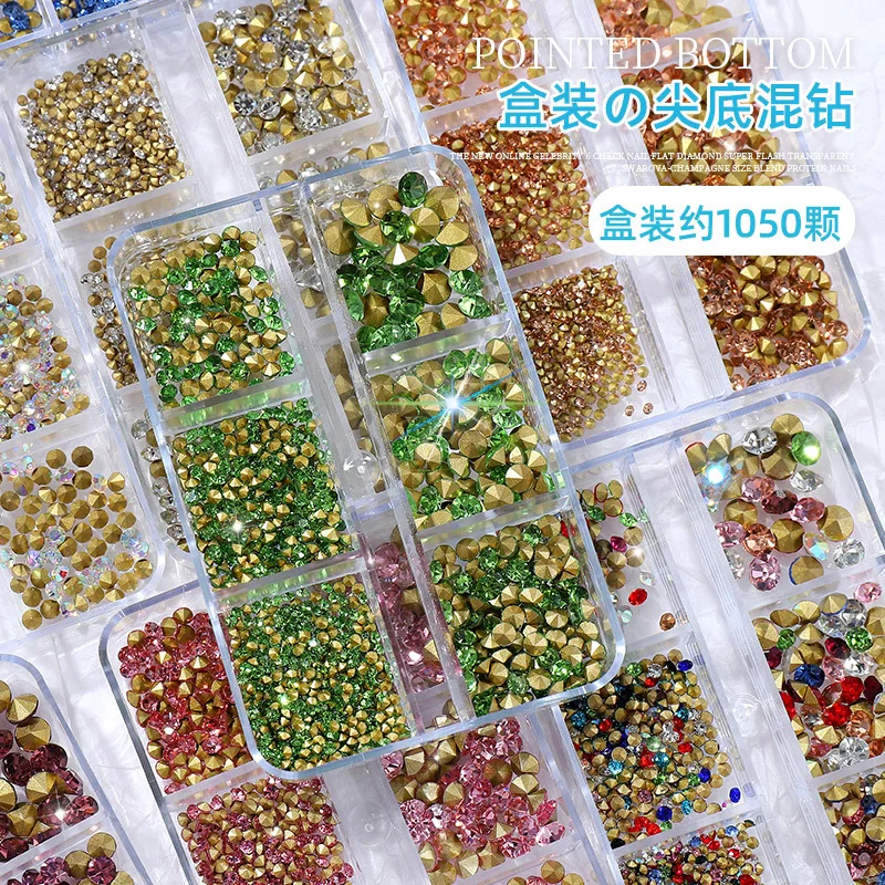 1000pcs Colorful Cone Glass Nail Rhinestone Strass Chatons Stone Pointed Back Crystal Nail Gems Diamond Manicure Jewelry Diamant