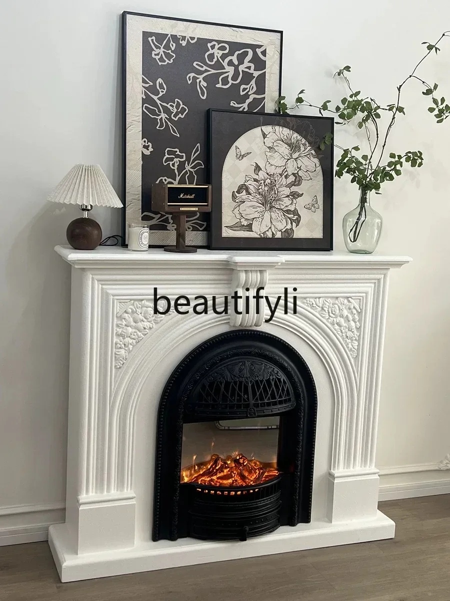 SS French retro solid wood simulation fire fireplace fake fire heater European living room bird cage decoration