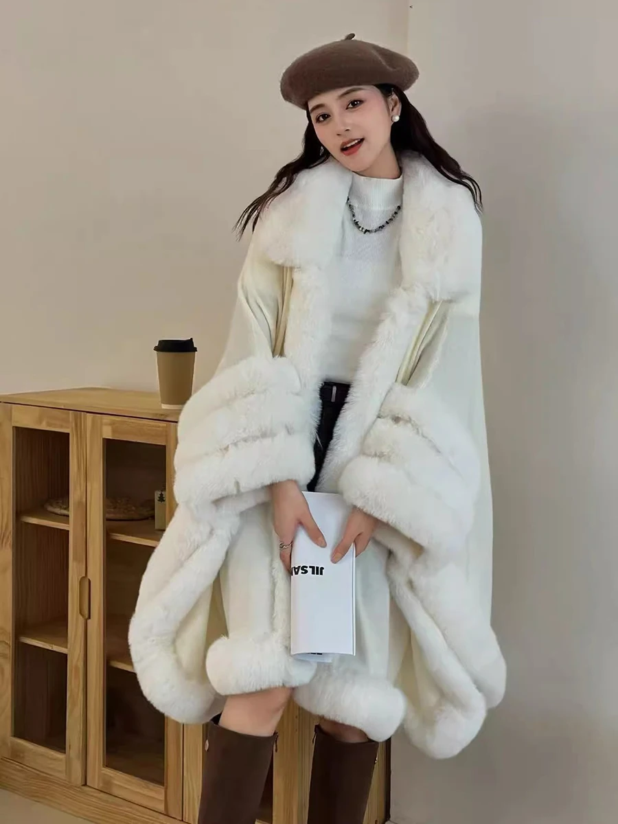 

Fashion Luxury Fairy Style White Faux Rabbit Fur Overcoat Cape Batwing Lapel Autumn Winter Wraps Travel Party Long Poncho Cloak