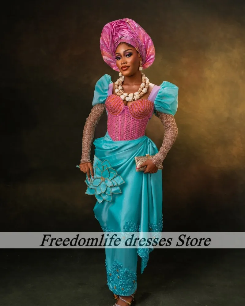 Aso Ebi Avondjurken Lange Mouwen Sweetheart Kralen Afrikaanse Zeemeermin Bruiloft Jurk Nigeriaanse Vrouwen Prom Jassen Aangepast
