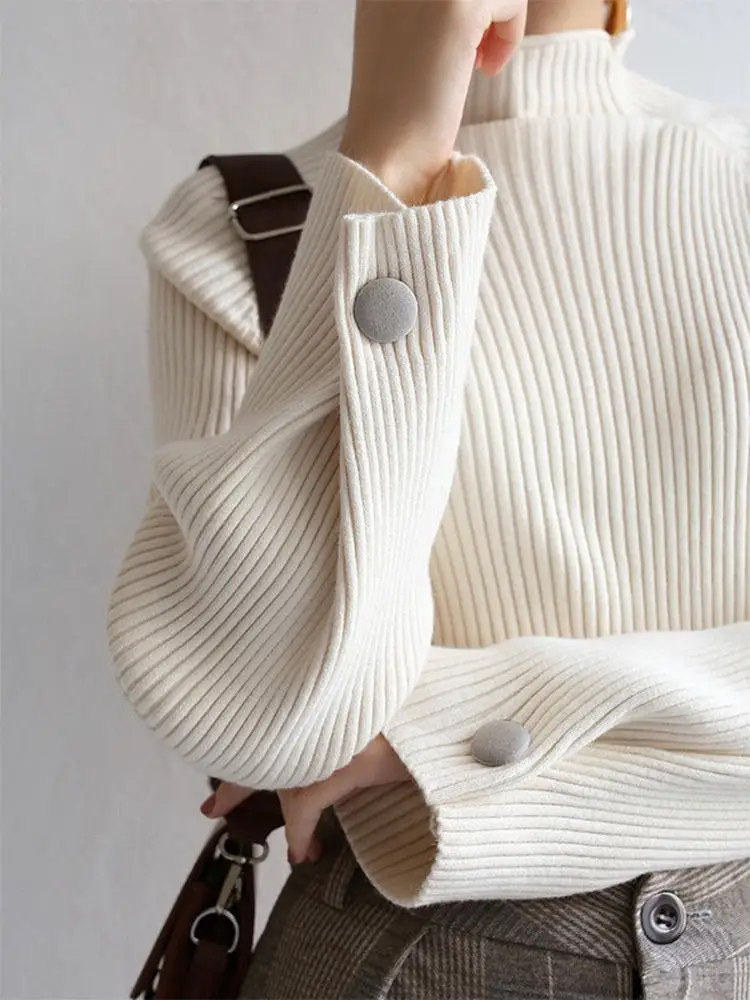 

Свободный вязаный свитер с высоким воротником для женщин, осенне-зимняя новинка, модный базовый топ с воротником-стойкой