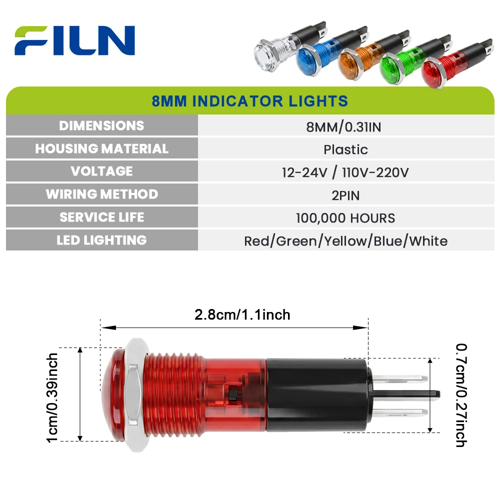 FILN 3PCS 8mm LED Indicator Light 12V-24V IP67 Waterproof 2-Pin Mount Pilot Lamp for Car Marine Industrial Equipment Control Box