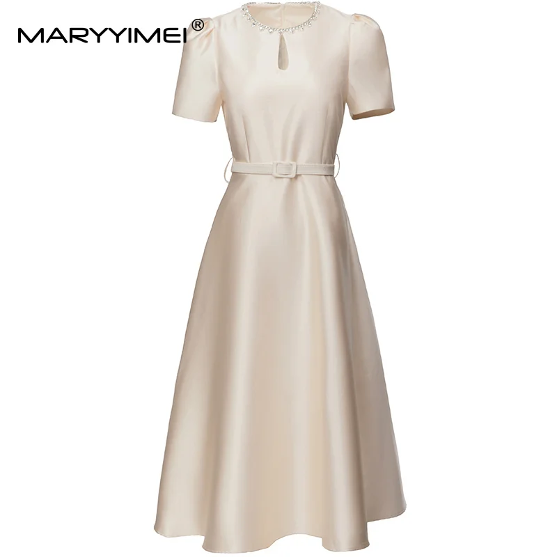 

MARYYIMEI Solid Short Sleeve Slim Maxi Hollow Out Dress For Women Beading Lace-Up Slim Elegant Long Dress Club Party Clothes