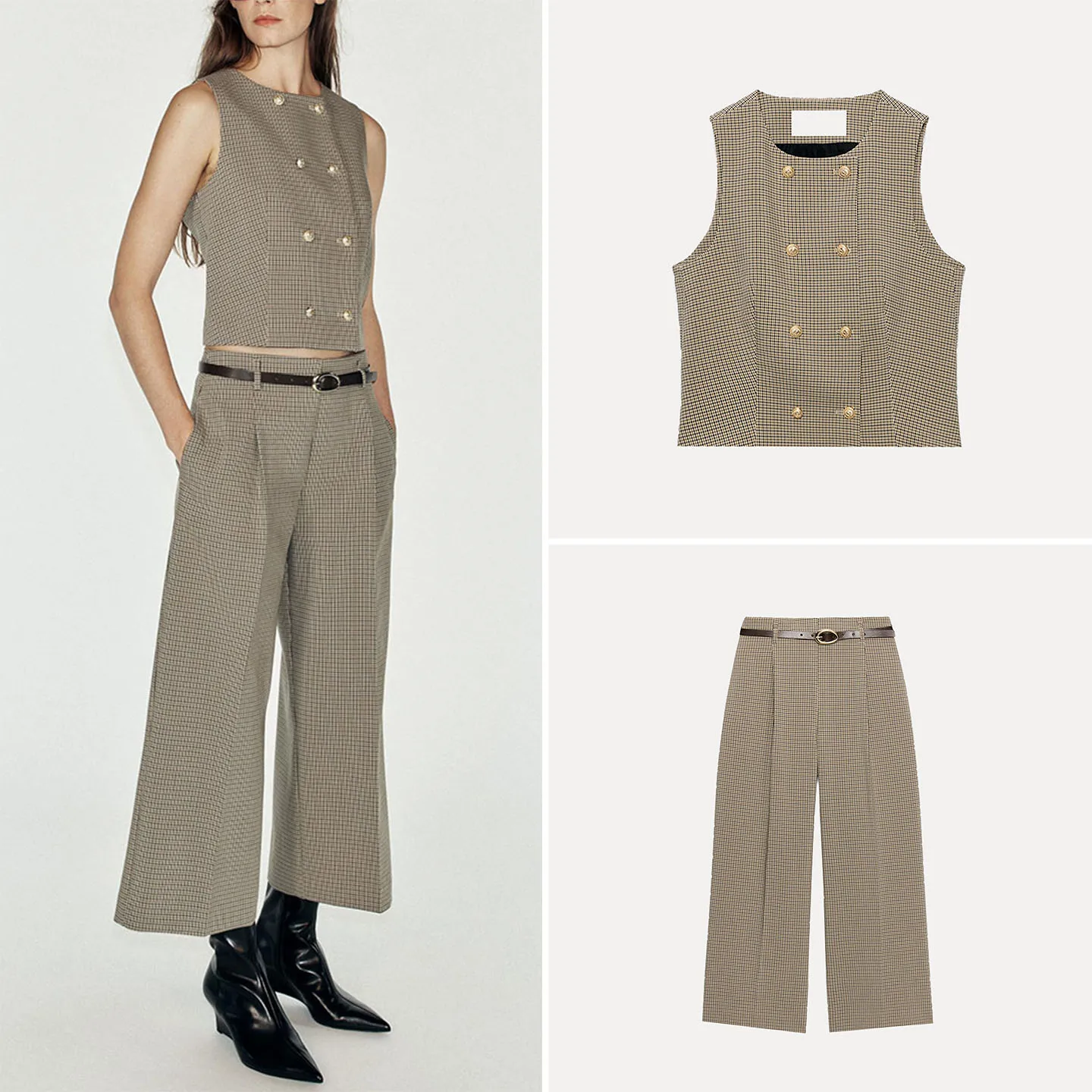 Women's High Waist Plaid Belted Sleeveless round Neck Double Button Vest And Pants Fashion Set High Waist Checkered Belted Ou...