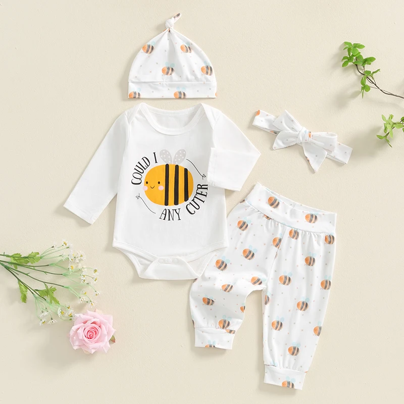 Newborn Baby Boys Girls Bee Coming Home Outfit Could I be Any Cuter Bodysuit Pants Hat Headband 4pcs Set