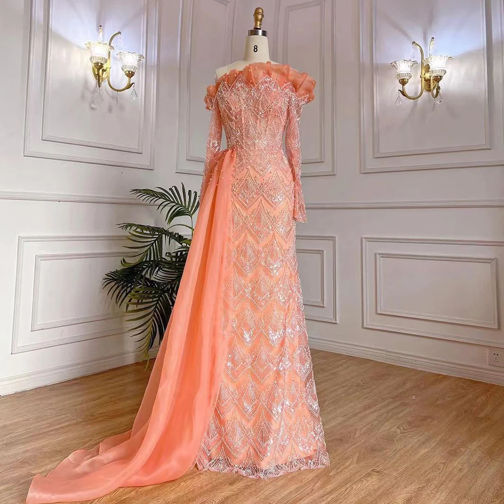 peach elegant dresses Glamorous Long Peach Strapless Sweetheart Satin Chiffon Sleeveless Prom Evening Dresses with Beads main image 0