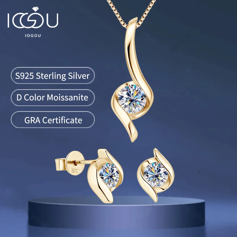 IOGOU Certified 5mm 6.5mm D Moissanite Jewelry Sets 100% 925 Silver Chain Twist Pendant Neclace Stud Earrings Set for Women Gift