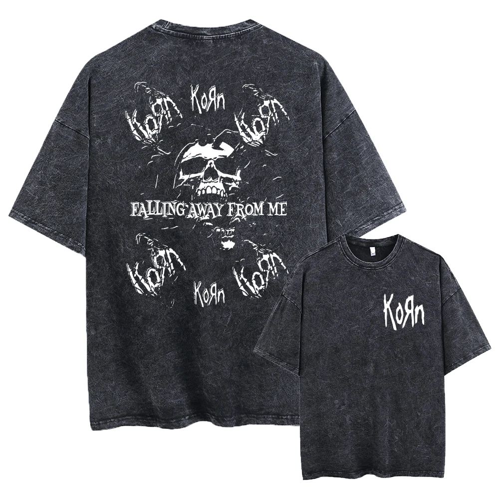 Washed Vintage Rock Band Korn Falling Away From Me Tshirt Skeleton Print T-shirts Men Fashion Gothic T Shirt Male Oversized Tees