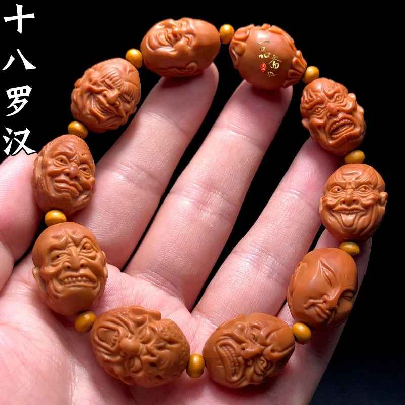 fine-hand-sculpted-olive-kernel-double-sided-eighteen-arhats-beaded-bracelet-unisex-traditional-buddhist-meditation-worry-amulet