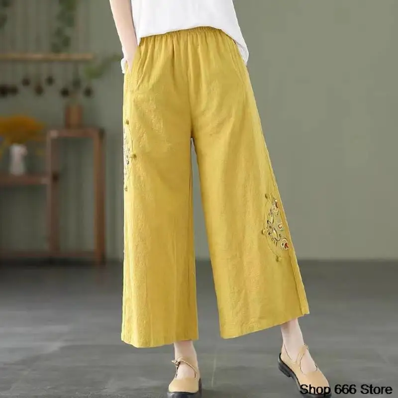 Spring Traditional Women Pants Retro Ethnic Style Adjustable Waist Pants Wide Leg Pants Summer Loose Cotton Hemp Hand Embroidery