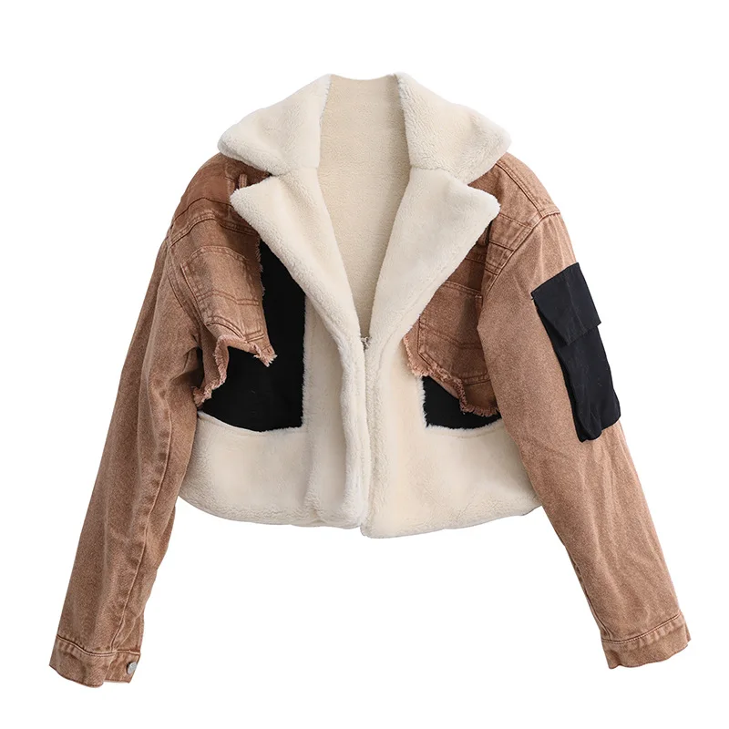 Chic Women Lambswool Fleece Patchwork Jeans Jacket Lambs Fur Turn Down Collar Denim Spliced Thickened Plush Cardigan Parkas Tops