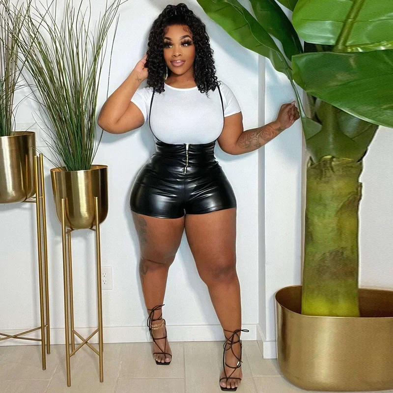 

KEXU Sport Active Women Two 2 Piece Set Outfits Fashion Summer T-shirt and Faux Leather PU Romper Shorts Tracksuit Sweatsuit