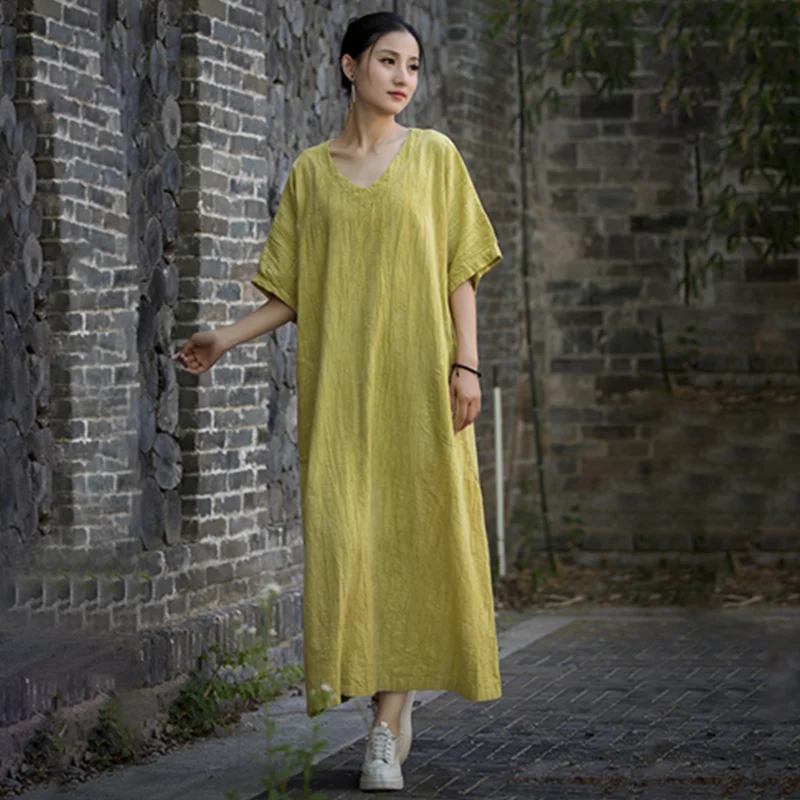 

short - sleeved Dress Long-Length Literature and Art Retro Spring Summer Cotton and Linen Loose Thin National Style