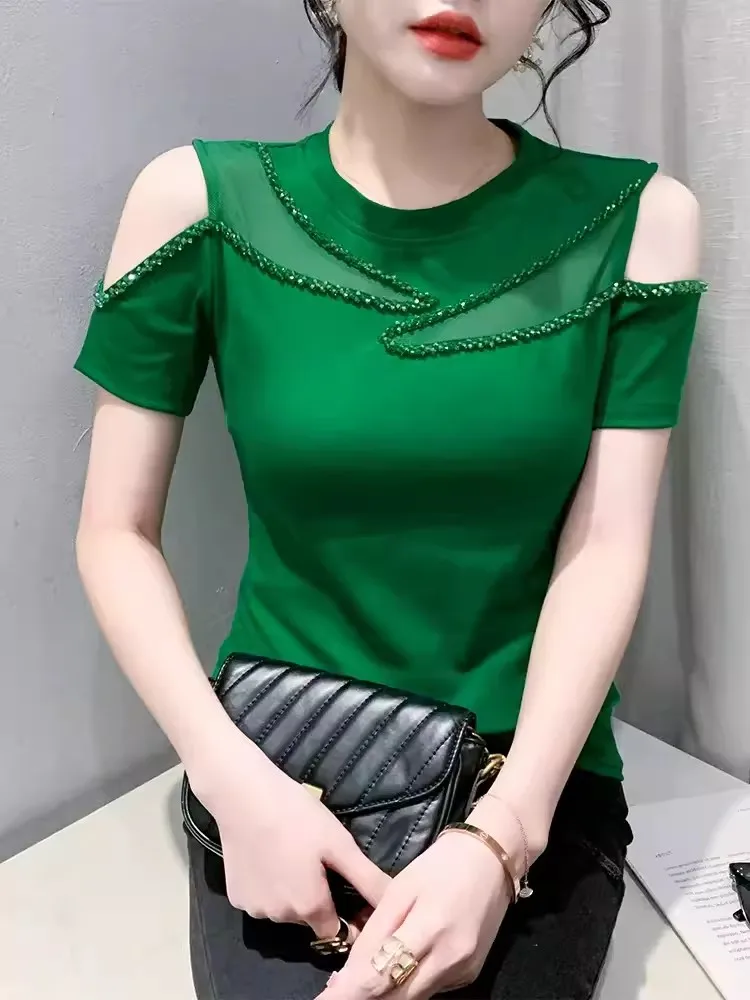 Summer Slim Off The Shoulder Short Sleeved T-shirt For Women's 2024 New High Quality European Patchwork Fashion Beaded Tee Top