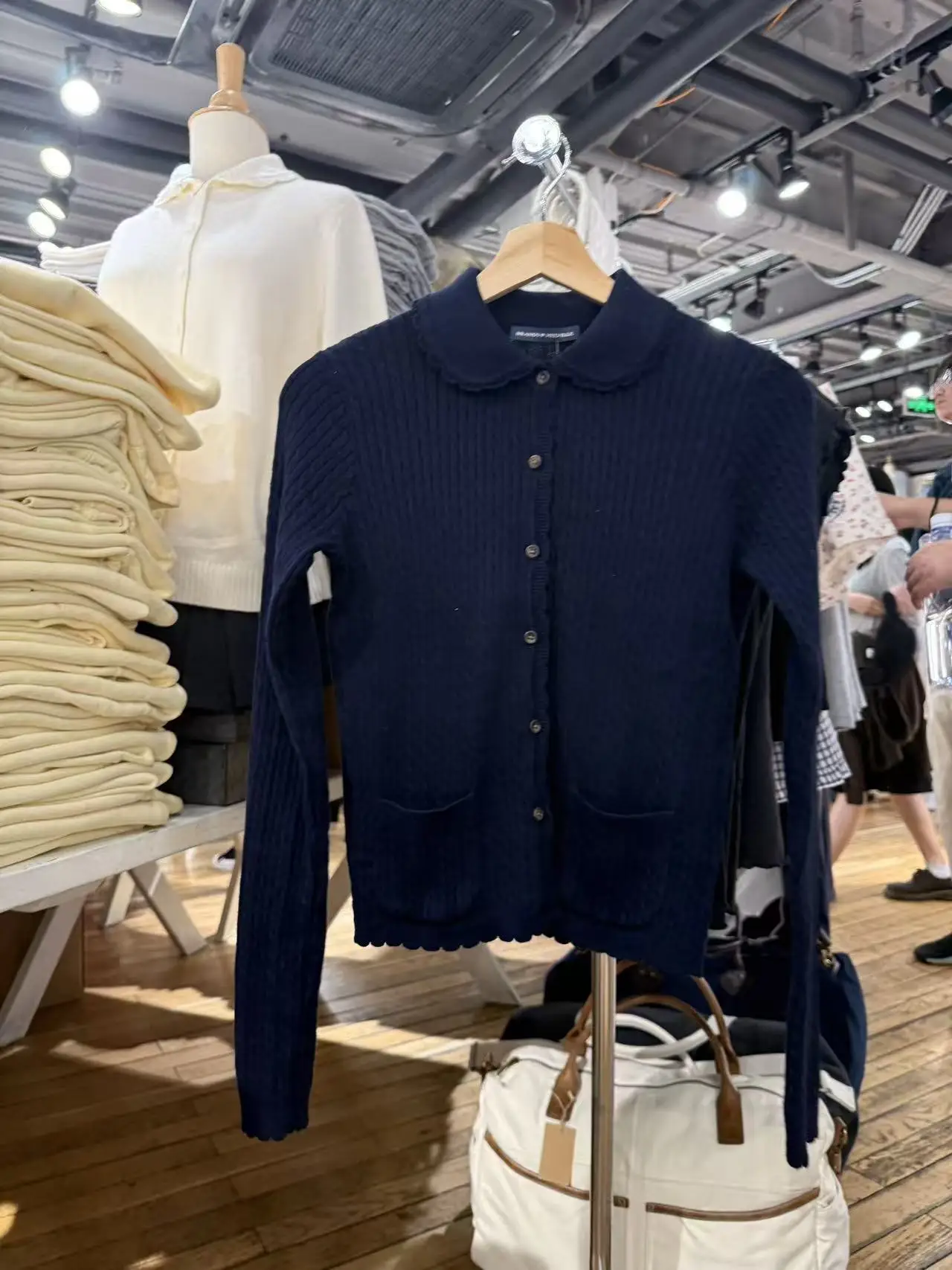 البحرية Twsit جيب كابل سليم سترة قصيرة سترة المرأة الدانتيل تقليم بيتر بان طوق بسيط عادية محبوك كم طويل ملابس خارجية #3