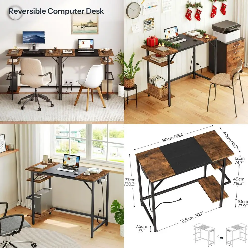 

Modern Rustic Brown & Black Home Office Desk with 2 Shelves, Power Outlet, Easy Assembly, Ideal for Study & Writing