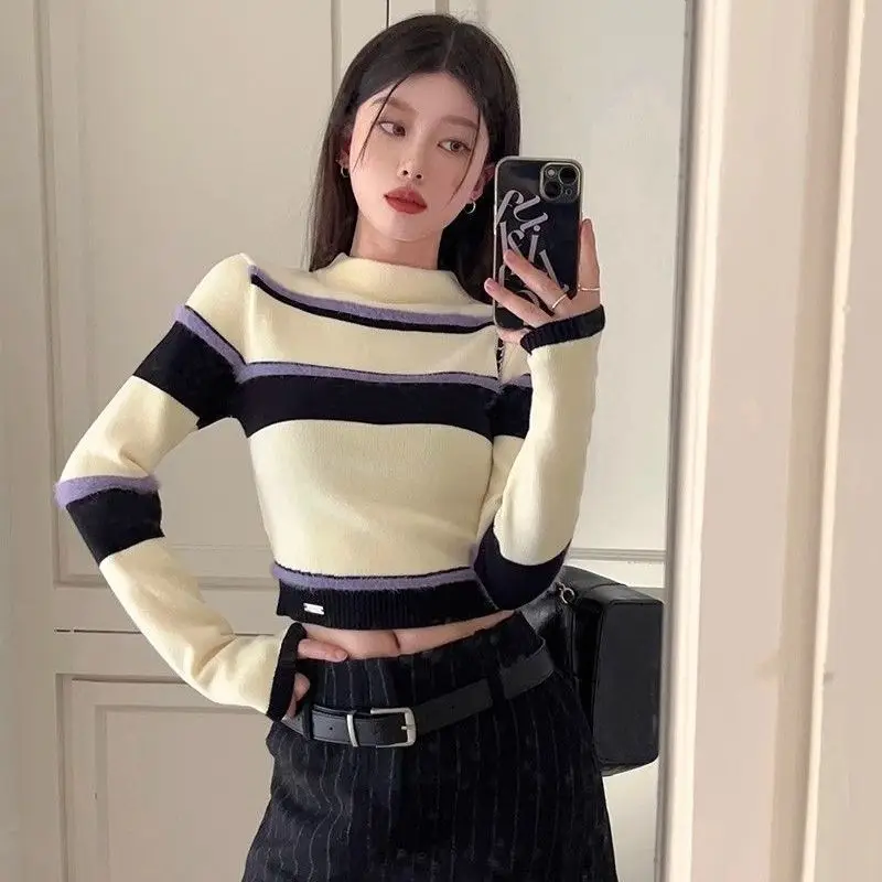 Kimutomo Women Vintage Knit Sweater Autumn Winter New Color‑Contrast Striped Mock Neck Long‑Sleeve Slim Fit Cropped Short Top