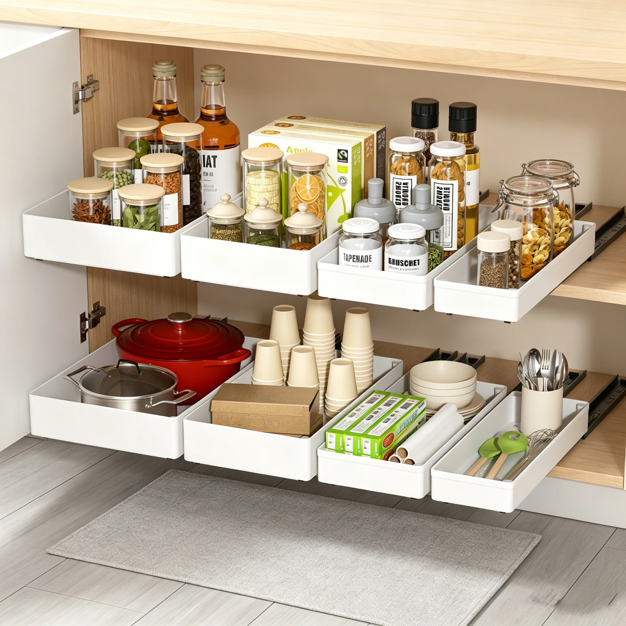 Adhesive Slide-Out Pull out Cabinet Organizer No-Drill Drawer Type Shelf Storage Basket for Kitchen Spice Utensils 13.5/18/27CM